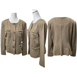 CAbi Brown & Tan Herringbone Print #3170 Penny Blazer 4 Pockets on Front Size M